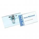 This picture shows a pack of 50 durable name badges with a combi clip and pin design. The name badges measure 40x76mm and come with inserts. They are ideal for professional or casual use.