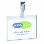 This photo shows a pack of 25 durable name badges with conference clip and ID badge holder. The badges feature a size of 60 x 90mm and include cards for easy customization.