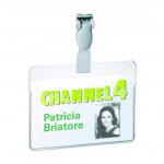 This photo showcases a pack of 25 Durable Name Badges, specifically designed for conferences. Each badge has a sturdy clip, allowing for secure attachment, and measures 60 x 90mm. It also comes with ID badge holders and cards, making it convenient for identification purposes.