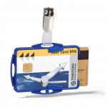 The photo shows 25 blue Durable DUO 2 Card Security Pass ID Badge Holders with clips. They appear to be well-made and durable, designed to securely hold ID badges for easy display. The sleek design and vibrant color make for a professional look. Great for businesses and events.