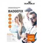This photograph features a pack of durable self-adhesive name badges, perfect for clothing. The A4 size pack includes 240 badges, each measuring 40x75mm and labeled with the Durable BADGEFIX logo.