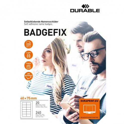 This photograph features a pack of durable self-adhesive name badges, perfect for clothing. The A4 size pack includes 240 badges, each measuring 40x75mm and labeled with the Durable BADGEFIX logo.