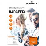 The picture shows a pack of durable name badge accessories, specifically the Durable BADGEFIX self-adhesive name tags for clothing. The pack contains 240 badges, each measuring 46x105mm and is suitable for use on A4 size paper.