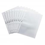 The photograph displays 10 pack of A4 landscape Durable Premium Punched Pockets designed for table flipcharts. These pockets are made with durable materials, providing a sturdy display system for long-lasting use.