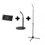 The image shows a black gooseneck tablet and phone holder with a TWIST desk and floor base. The durable design is meant to securely hold tablets and phones in place while allowing for flexible positioning. The modern and sleek finish adds style to any workspace or room.