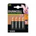 The image features a pack of four Duracell Rechargeable AA NiMH 1300mAh batteries and a charger. The sleek, compact design of the batteries is shown along with the chargers simple and user-friendly interface. The Duracell branding and logo can be seen clearly on both products.