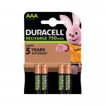 This photo shows four Duracell Stay Charged Rechargeable AAA NiMH 750mAh batteries. They are in the standard AAA size and have a black and gold design. The packaging features the iconic Duracell bunny and lists the batterys power and technology.