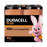 The picture shows a pack of Duracell Plus 9V batteries, with four batteries inside. These alkaline batteries have 100% life remaining and are labelled with the Duracell brand and logo.