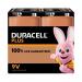 The picture shows a pack of Duracell Plus 9V batteries, with four batteries inside. These alkaline batteries have 100% life remaining and are labelled with the Duracell brand and logo.