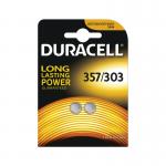 This picture shows two Duracell silver oxide batteries, each with a 1.5V power output. The button batteries are packaged in a pack of two and have the code 75053932 DU357.