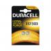 This picture shows two Duracell silver oxide batteries, each with a 1.5V power output. The button batteries are packaged in a pack of two and have the code 75053932 DU357.
