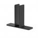 The image shows a black free standing clamp set attached to a dynamic floor screen, with various accessories attached. The screen is sleek and modern, with adjustable features for customization and versatility.
