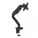 This photo shows a sleek black monitor arm made for single monitors. The arm has a quick release feature and can be easily adjusted for optimal viewing. It has a modern and professional look.