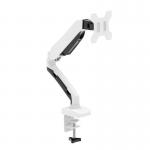 The photo features a sleek, modern white monitor arm with a quick release mechanism, designed to hold a single monitor in place for easy viewing and convenient adjustability.