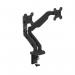 The image shows two sleek and modern black monitor arms with a quick release mechanism. They are designed to hold multiple monitors securely, making it easy to adjust and position them for optimal viewing.