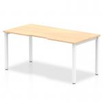 This photograph features a sleek and modern Dynamic Bench Desking Evolve Plus desk with a 1400mm single starter design. The desk has a maple top and a white frame, creating a clean and contemporary look. Its versatile design is perfect for any office space.