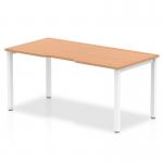 This picture reveals a sleek and modern 1400mm single starter office bench desk, part of the Evolve Plus series. The desk features an oak top and white frame, exuding sophistication and versatility. Perfect for any workspace in need of a dynamic and functional bench desking solution.