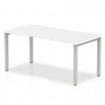This photograph captures the sleek and modern design of the Dynamic Bench Desking Evolve Plus 1400mm Single Starter Office Bench Desk. The clean white top paired with a silver frame exudes professionalism and sophistication.