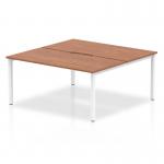 The Dynamic Bench Desking Evolve Plus 1600mm B2B 2 Person Office Bench Desk boasts a sleek, modern design with a walnut top and white frame. Its spacious surface comfortably accommodates two people, making it ideal for collaborative work environments.