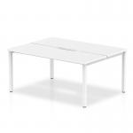 The photo displays a sleek and modern 2-person bench desk with a white tabletop and white frame. The dynamic design of the Evolve Plus 1400mm B2B creates an open and collaborative workspace for efficient teamwork.