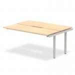 The photo shows a sleek and modern office bench desk with a maple top and silver frame. The desk is 1400mm in length and is part of the Dynamic Bench Desking Evolve Plus collection. It is designed for use in business environments and comes with an extension kit for added workspace.