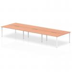 A modern and stylish office setting with a long bench desk featuring a sleek white frame and a light-toned beech wood top. Six people can comfortably work together on the spacious surface. The dynamic design promotes collaboration and productivity.
