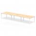 The photograph captures a spacious and modern Dynamic Bench Desking Evolve Plus, measuring 1400mm in length, designed for a 6-person office setup. It features a stylish maple top and a sleek white frame, radiating a professional and contemporary vibe.