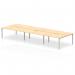 This image features a spacious 1600mm bench desk with a sleek maple top and silver frame. Designed for efficiency and collaboration, it comfortably accommodates six people and adds a modern touch to any office space. The dynamic bench desking system promotes productivity and flexibility.