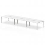 This picture features a sleek and modern office bench desk that comfortably seats six people. The white top and silver frame provide a clean and professional look. Perfect for a dynamic and collaborative work environment.