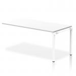 This image shows a sleek and modern Dynamic Bench Desking Evolve Plus 1600mm Single Row Office Bench Desk Ext Kit in white. The desk has a smooth white top and a white frame, creating a clean and contemporary look.