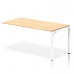 This image shows a sleek and modern office bench desk with a maple top and white frame. The desk measures 1600mm and is part of the Evolve Plus collection. Its dynamic design allows for a single row setup, promoting collaboration and productivity in the workplace.