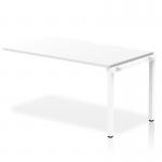 A sleek and modern single row office bench desk, the Dynamic Bench Desking Evolve Plus features a 1400mm white top and white frame. Its dynamic design adds a touch of elegance to any workspace.