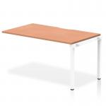 A sleek and modern office space comes to mind when looking at this picture of the Dynamic Bench Desking Evolve Plus. The 1400mm single row desk, with a beech top and white frame, is spacious and perfect for collaborative work. Its stylish design adds a touch of elegance to any workspace.