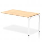 The Dynamic Bench Desking Evolve Plus features a 1400mm single row office bench desk with a maple top and white frame. The clean lines and modern design create a sleek and professional workspace. The spacious desk provides ample room for working and organizing.