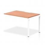 This image features a sleek and modern Evolve Plus 1200mm single row office bench desk with a beech top and white frame. The dynamic design allows for a versatile and comfortable workspace, perfect for any modern office setting.