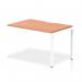 This image features a sleek and modern Evolve Plus 1200mm single row office bench desk with a beech top and white frame. The dynamic design allows for a versatile and comfortable workspace, perfect for any modern office setting.