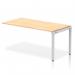 This photograph showcases a sleek and modern office set-up with a single row of Dynamic Bench Desking Evolve Plus desks. The 1600mm size allows for ample workspace, and the maple top and silver frame create a professional and stylish aesthetic.