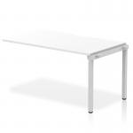 The Dynamic Bench Desking Evolve Plus 1400mm Single Row Office Bench Desk Ext Kit features a sleek white desktop and a sturdy silver frame. Its narrow design allows for versatile use in any office space.