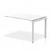 This photo features a sleek and modern dynamic bench desking system called Evolve Plus. It consists of a 1200mm single row office bench desk with a white top and silver frame. The clean lines and functional design provide a professional and productive workspace.