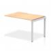 This image showcases a vibrant and functional office desk setup with a maple top and silver frame. The single row design offers ample space for one person to comfortably work and the extended kit adds versatility to the layout.