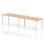 This photo features a modern and versatile Dynamic Bench Desking Evolve Plus 1600mm Single Row 2 Person Office Bench Desk. The desk has a sleek maple top and a white frame, offering a clean and contemporary look. Perfect for a collaborative work environment.