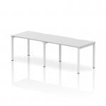 The Dynamic Bench Desking Evolve Plus 1200mm Single Row 2 Person Office Bench Desk features a sleek and modern design. The white top and frame create a clean and contemporary look. The desk is spacious enough to accommodate two individuals comfortably.