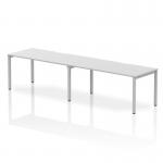 In this photo, you can see a sleek and modern Dynamic Bench Desking Evolve Plus with a 1600mm single row design. The desk features a white top and a silver frame, creating a stylish and clean look. It is designed to accommodate two people comfortably and is perfect for a modern office space.