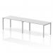In this photo, you can see a sleek and modern Dynamic Bench Desking Evolve Plus with a 1600mm single row design. The desk features a white top and a silver frame, creating a stylish and clean look. It is designed to accommodate two people comfortably and is perfect for a modern office space.