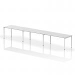This image showcases a sleek and modern Dynamic Bench Desking Evolve Plus 1600mm single row desk, designed for up to 3 people. It features a clean white top and frame, creating a clean and minimalist work space.