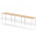 This image shows a sleek and modern office bench desk with a maple top and white frame. It features a 1600mm single row design and can accommodate three people. Its dynamic bench desking is perfect for a contemporary and efficient workspace.