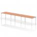 The Dynamic Bench Desking Evolve Plus 1400mm Single Row 3 Person Office Bench Desk features a sleek, beech top and white frame. Perfect for a modern office space, this desk provides ample room for three individuals to work comfortably and efficiently.