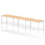 This sleek and modern 3-person office bench desk features a stylish maple top and white frame. Its dynamic design allows for versatility and functionality, making it perfect for any workspace.