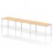 This sleek and modern 3-person office bench desk features a stylish maple top and white frame. Its dynamic design allows for versatility and functionality, making it perfect for any workspace.
