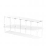 The Dynamic Bench Desking Evolve Plus 1200mm Single Row 3 Person Office Bench Desk features a sleek, modern design with a spacious white top and clean white frame. Perfect for adding a touch of style to any office space, this desk provides ample room for three people to work comfortably and efficiently.